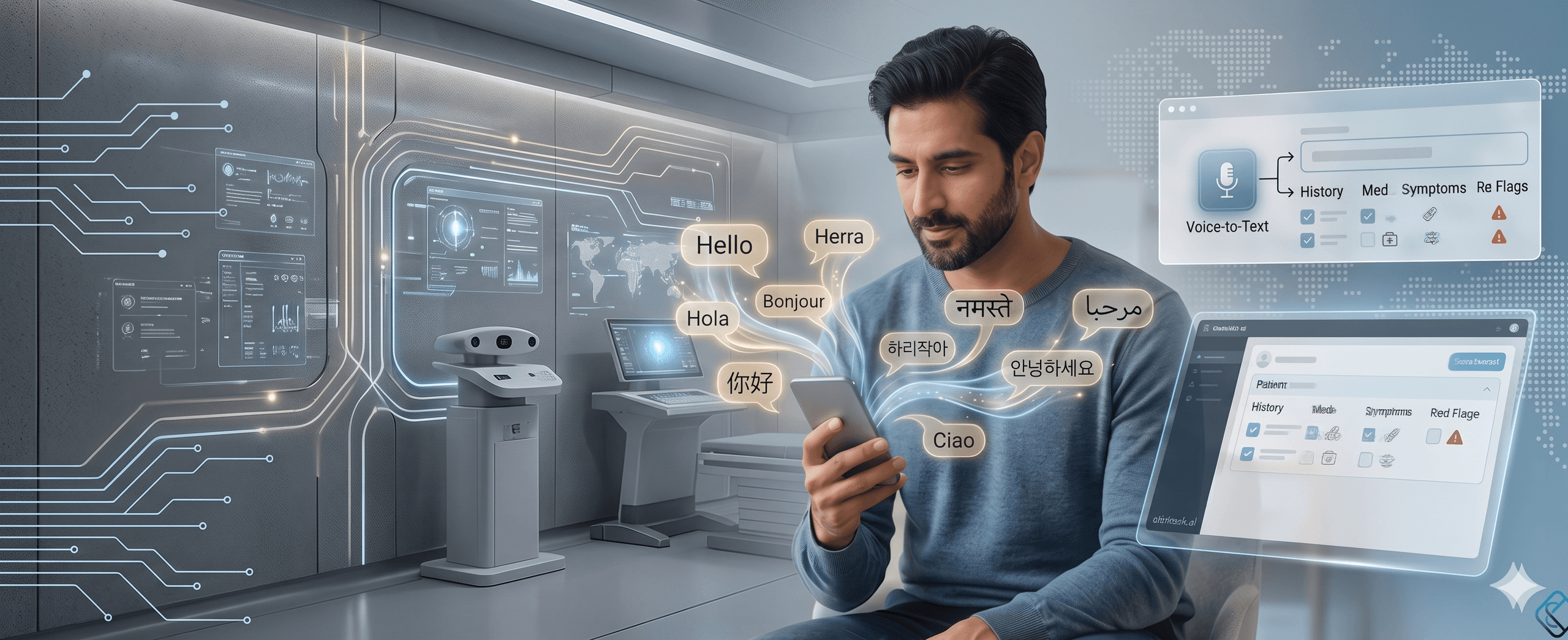 Pre-consult phase: patient receives SMS link and completes intake Patient using a mobile pre-consult flow before arriving, while clinician context is prepared in advance.